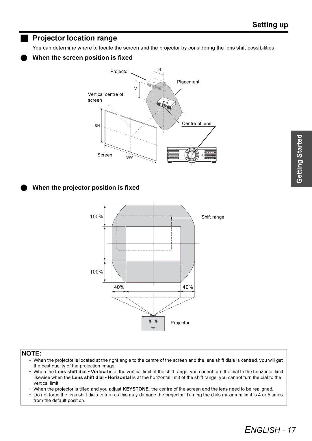 Panasonic PT-AE3000E manual Setting up Projector location range, When the screen position is fixed, 100% 40% 