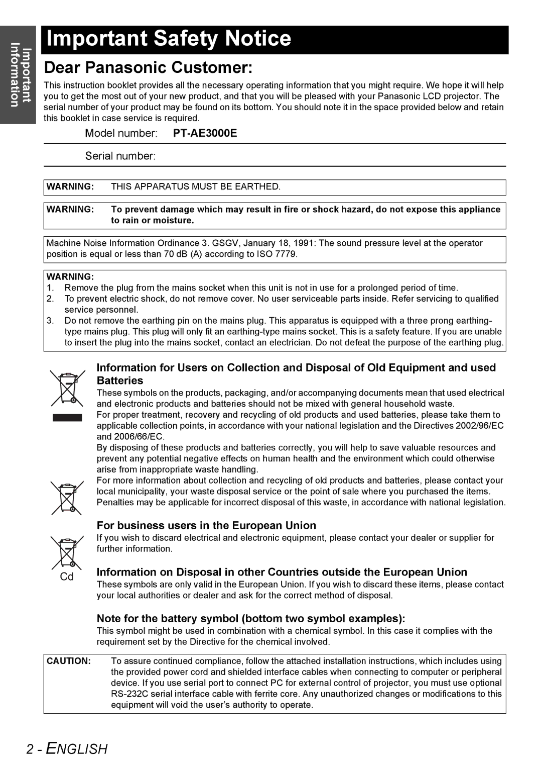 Panasonic PT-AE3000E Important Safety Notice, For business users in the European Union, This Apparatus Must be Earthed 