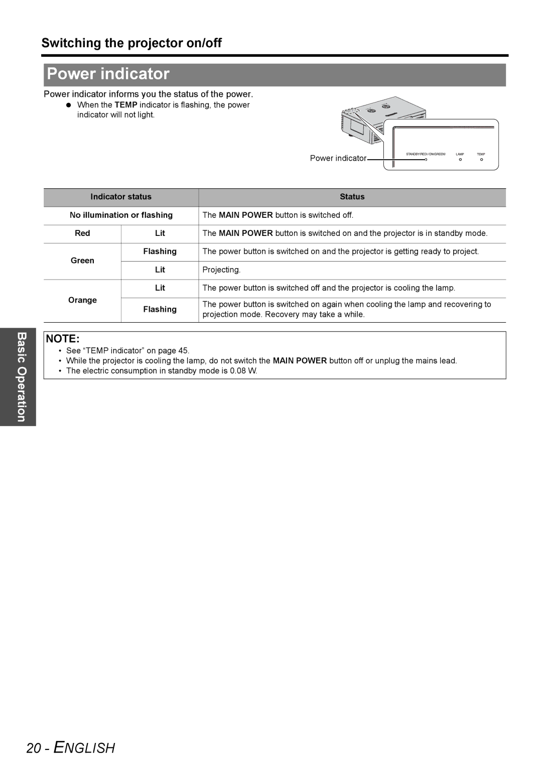 Panasonic PT-AE3000E manual Switching the projector on/off, Power indicator informs you the status of the power 