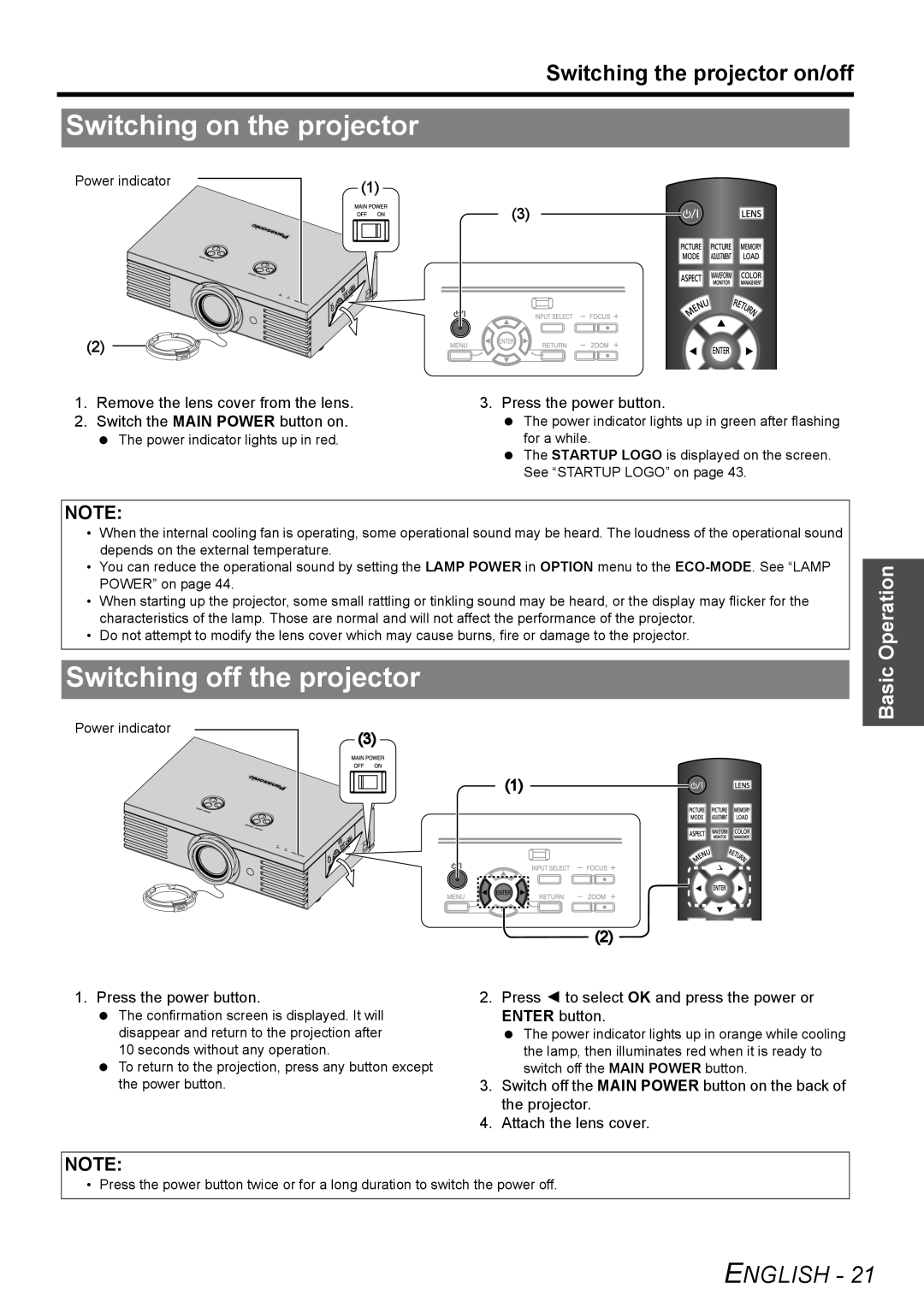 Panasonic PT-AE3000E manual Switching on the projector, Switching off the projector 