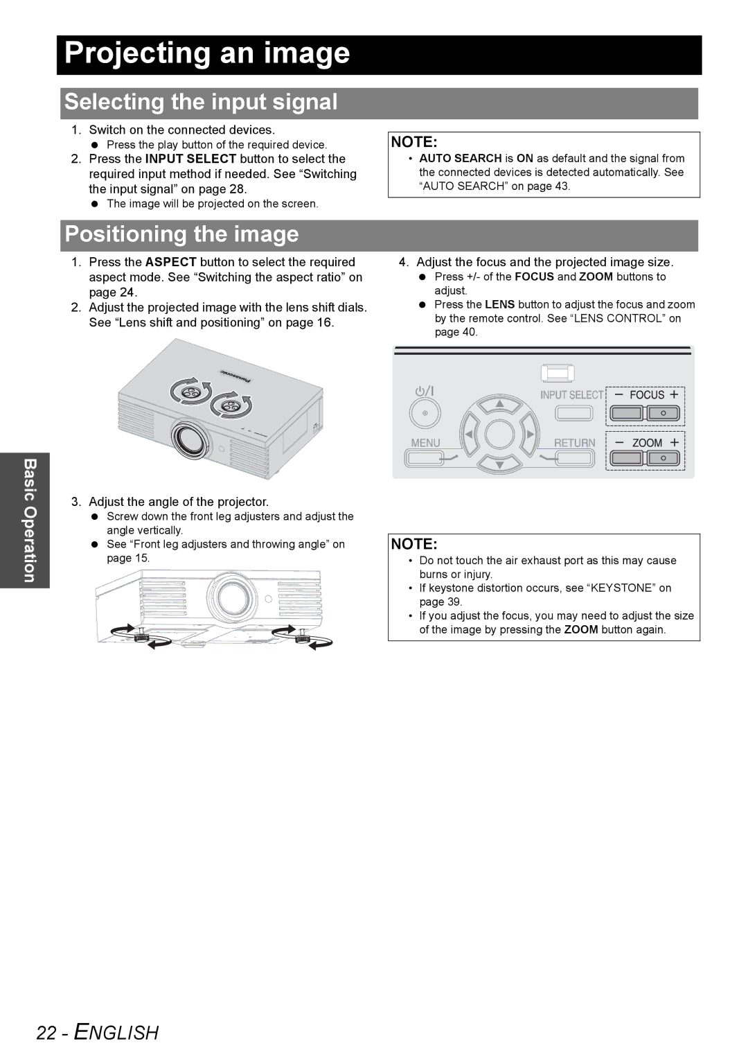 Panasonic PT-AE3000E manual Projecting an image, Selecting the input signal, Positioning the image 