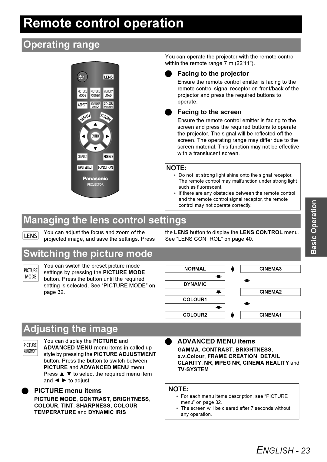 Panasonic PT-AE3000E Remote control operation, Operating range, Managing the lens control settings, Adjusting the image 