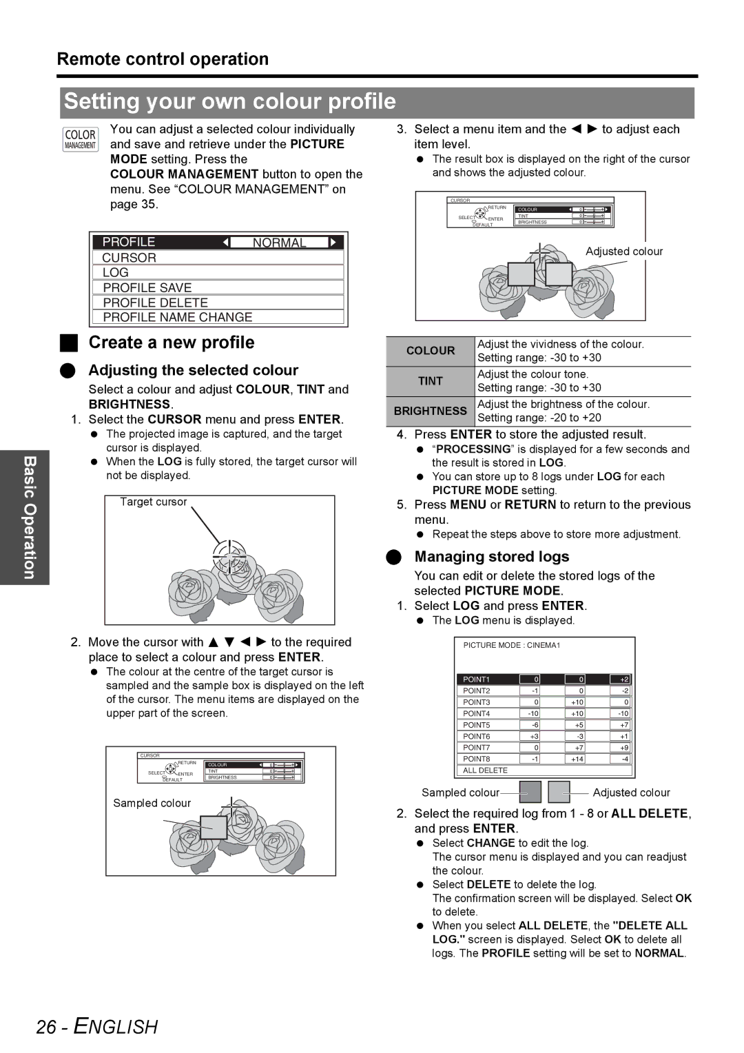 Panasonic PT-AE3000E Setting your own colour profile, Create a new profile, Adjusting the selected colour, Brightness 