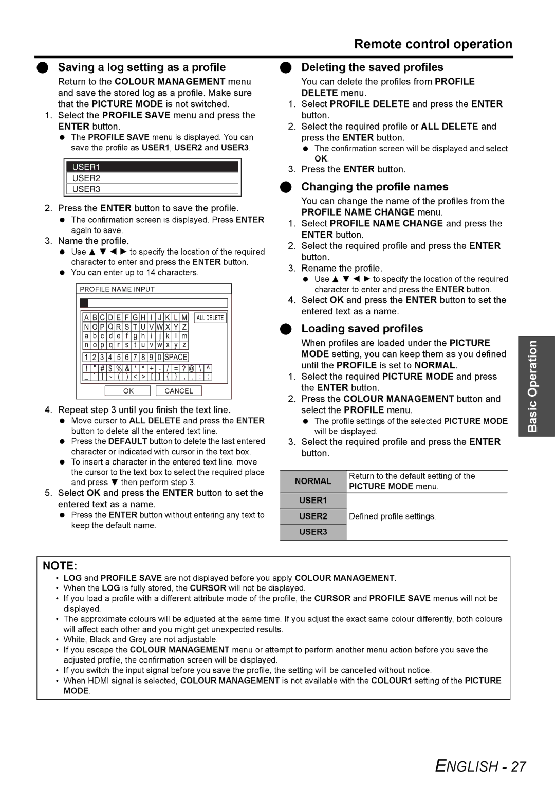 Panasonic PT-AE3000E manual Saving a log setting as a profile, Deleting the saved profiles, Changing the profile names 