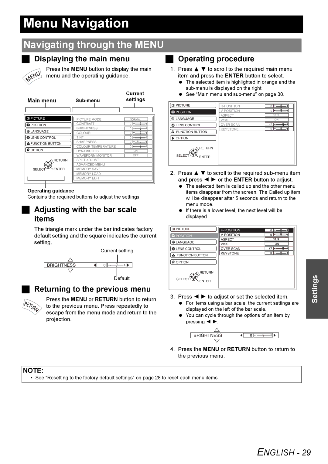 Panasonic PT-AE3000E manual Menu Navigation, Navigating through the Menu, Displaying the main menu 