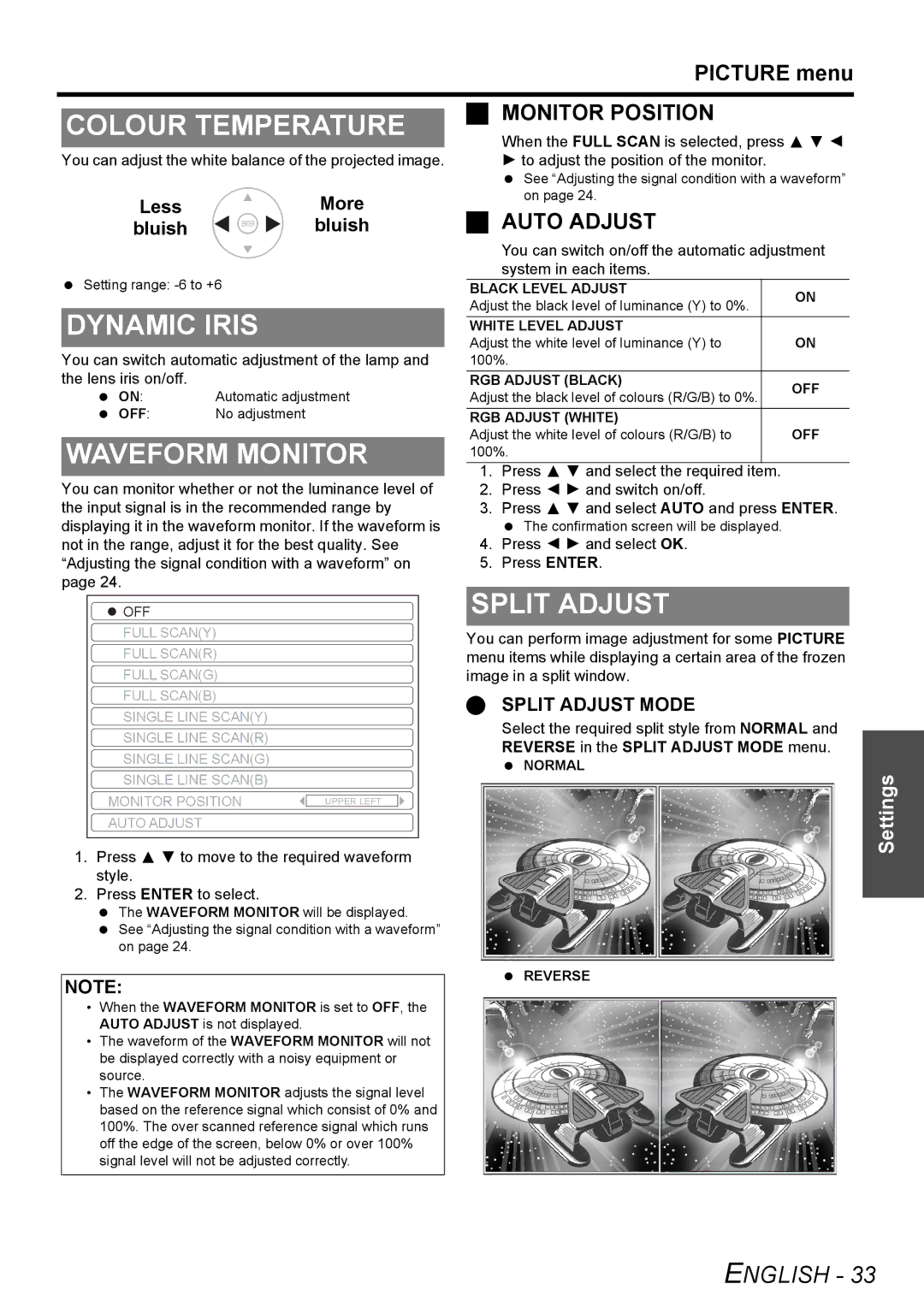 Panasonic PT-AE3000E manual Colour Temperature, Dynamic Iris, Waveform Monitor, Split Adjust, Picture menu 