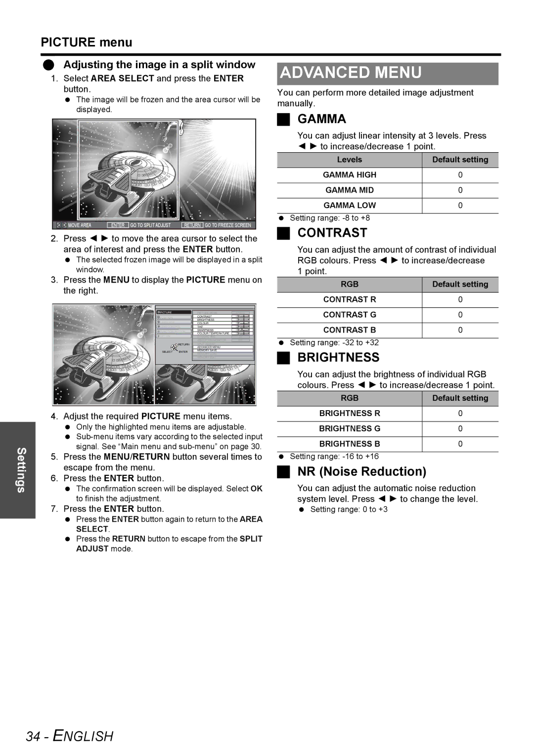 Panasonic PT-AE3000E manual NR Noise Reduction, Adjusting the image in a split window 