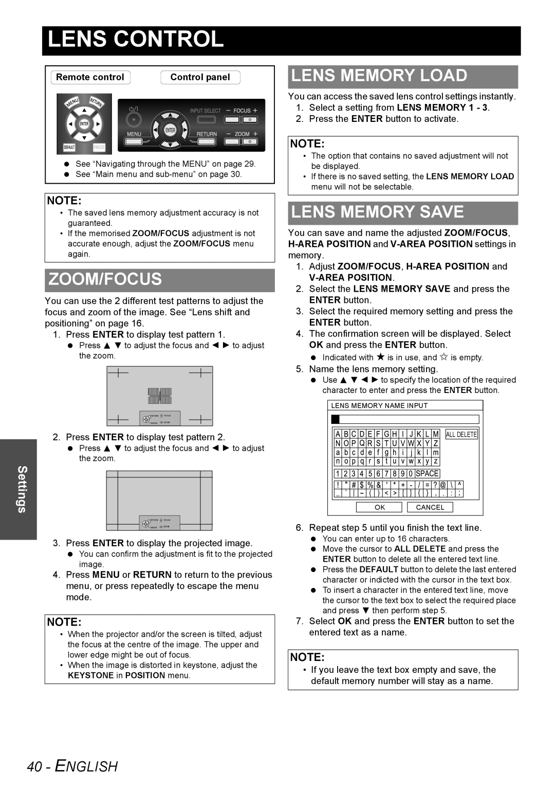 Panasonic PT-AE3000E Zoom/Focus, Lens Memory Load, Lens Memory Save, Adjust ZOOM/FOCUS, H-AREA Position, Area Position 