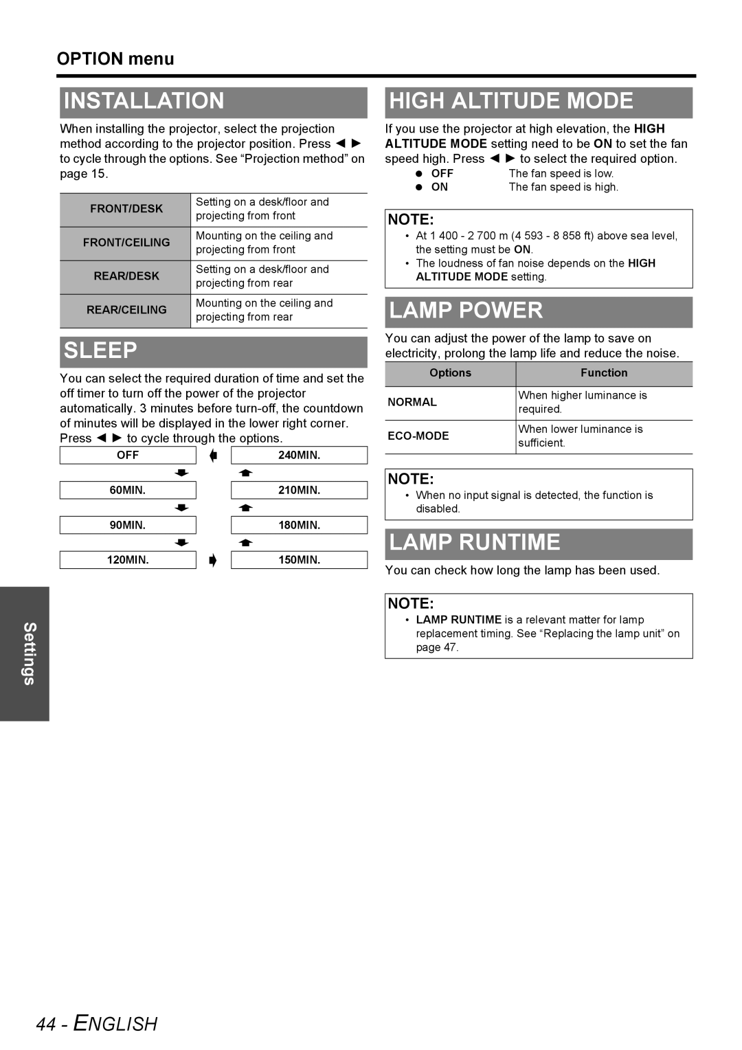 Panasonic PT-AE3000E manual Installation, Sleep, High Altitude Mode, Lamp Power, Lamp Runtime 