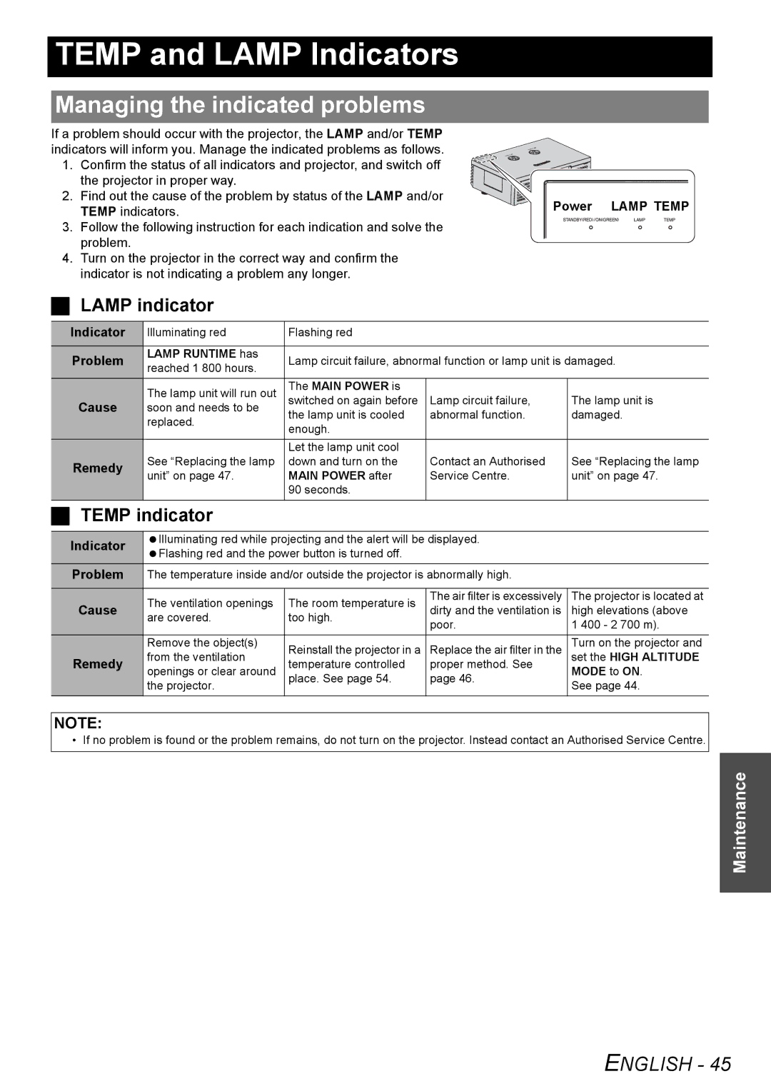 Panasonic PT-AE3000E manual Temp and Lamp Indicators, Managing the indicated problems, Lamp indicator, Temp indicator 