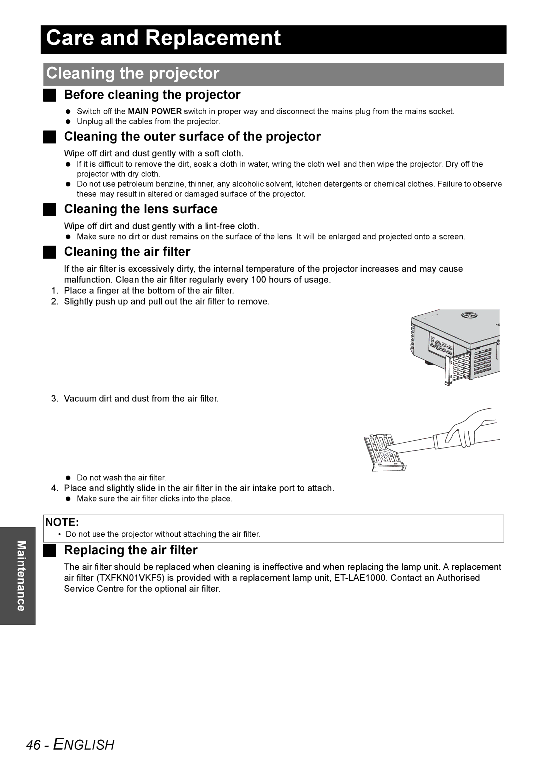 Panasonic PT-AE3000E manual Care and Replacement, Cleaning the projector 