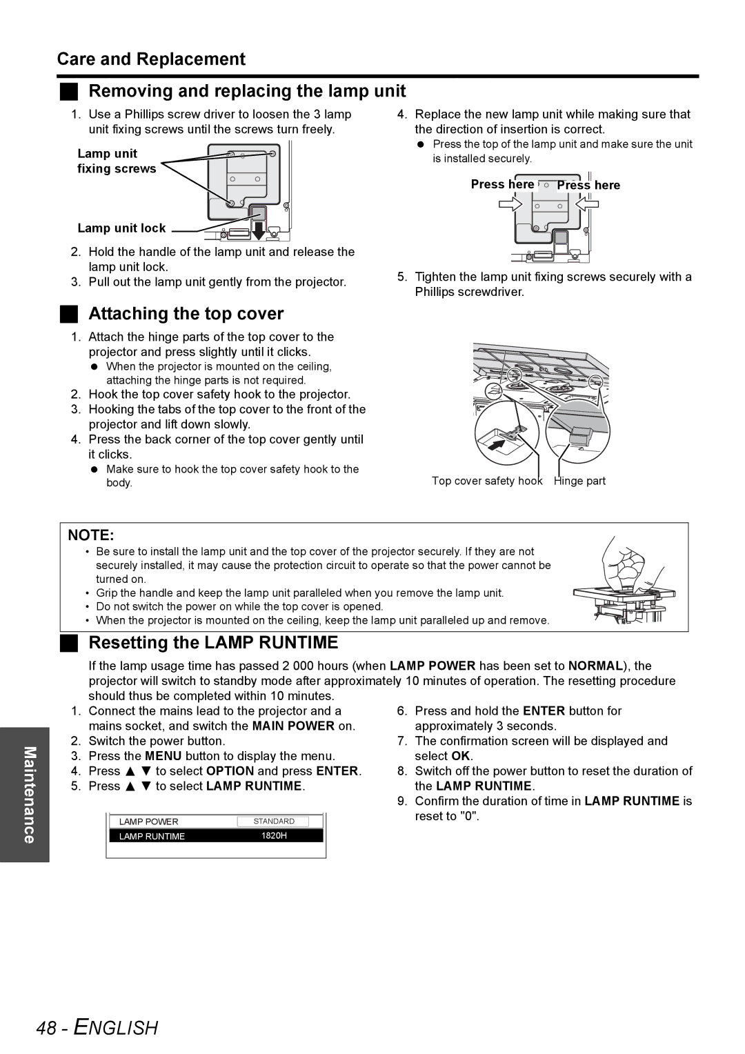 Panasonic PT-AE3000E manual Care and Replacement Removing and replacing the lamp unit, Attaching the top cover 