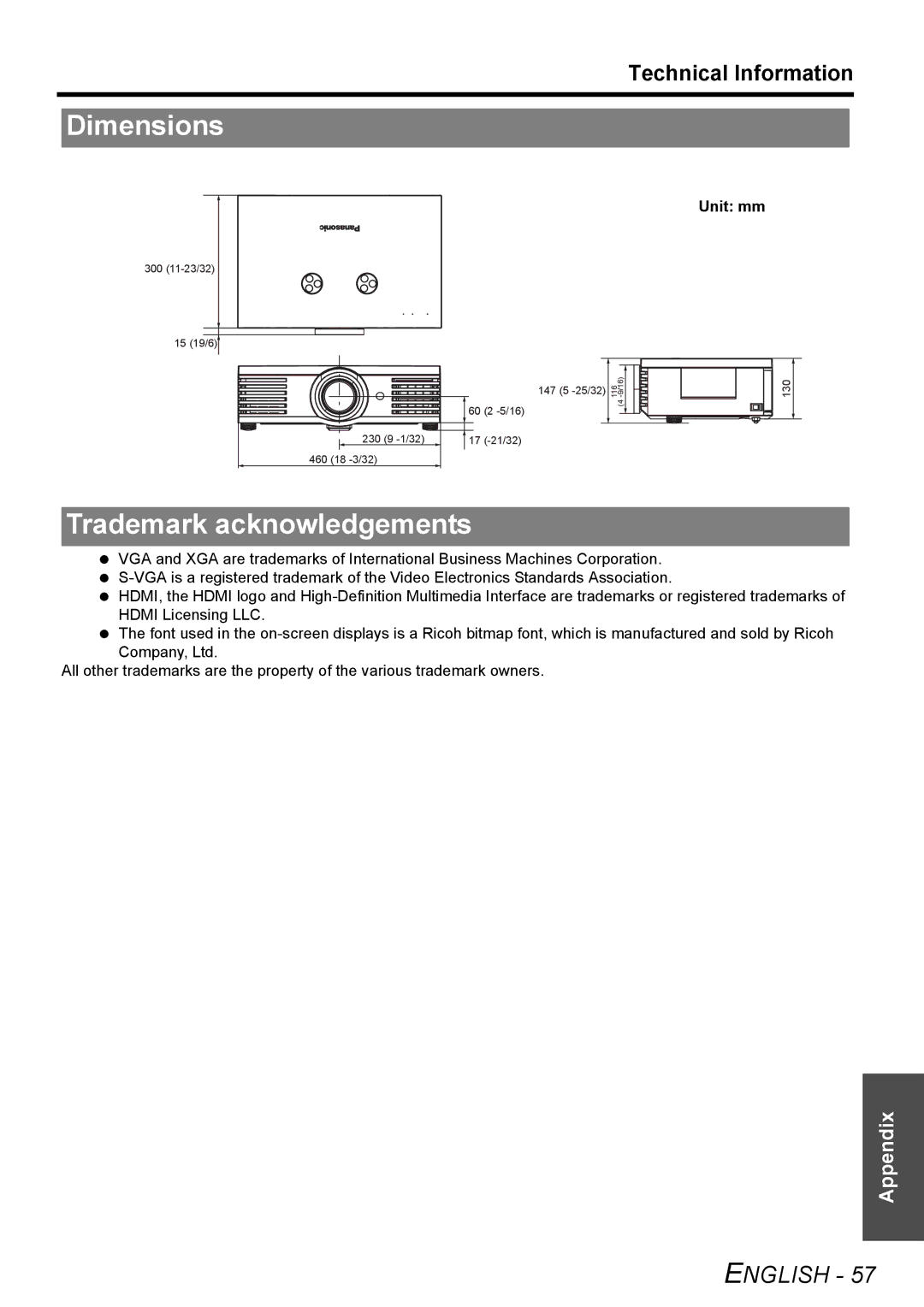 Panasonic PT-AE3000E manual Dimensions, Trademark acknowledgements, Unit mm 