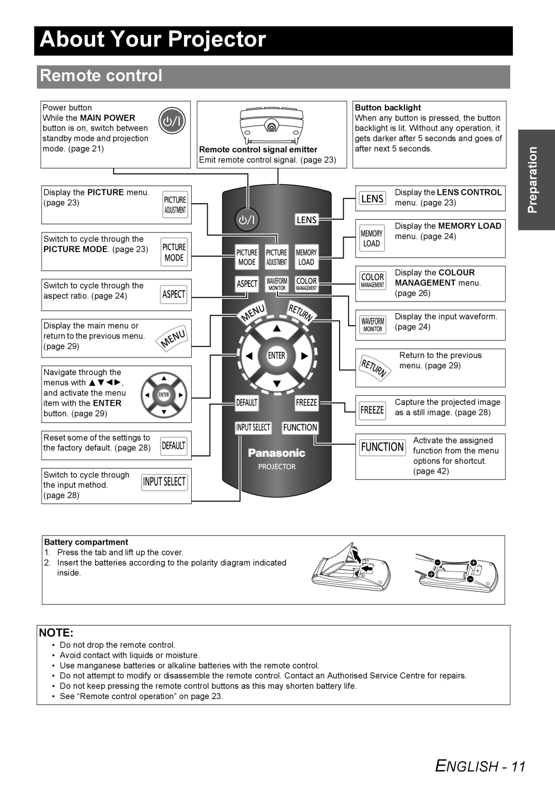 Panasonic PT-AE3000E manual About Your Projector, Remote control, Preparation, English 