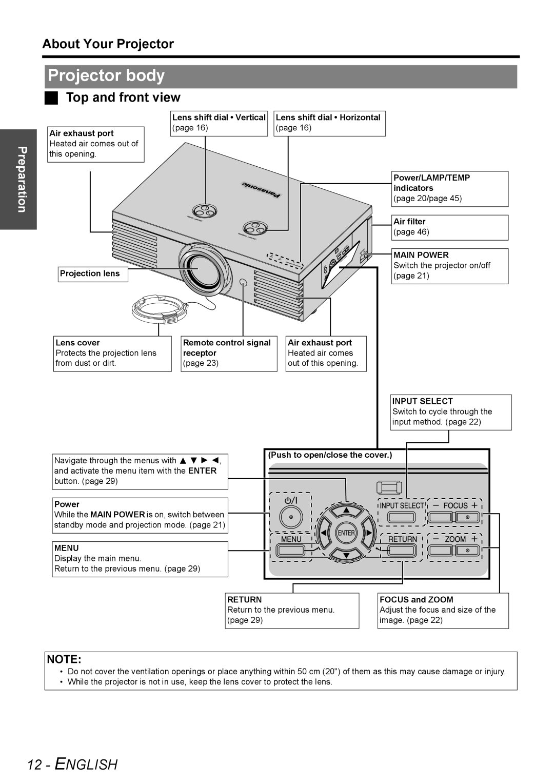 Panasonic PT-AE3000E manual Projector body, English, About Your Projector, Top and front view, Preparation 