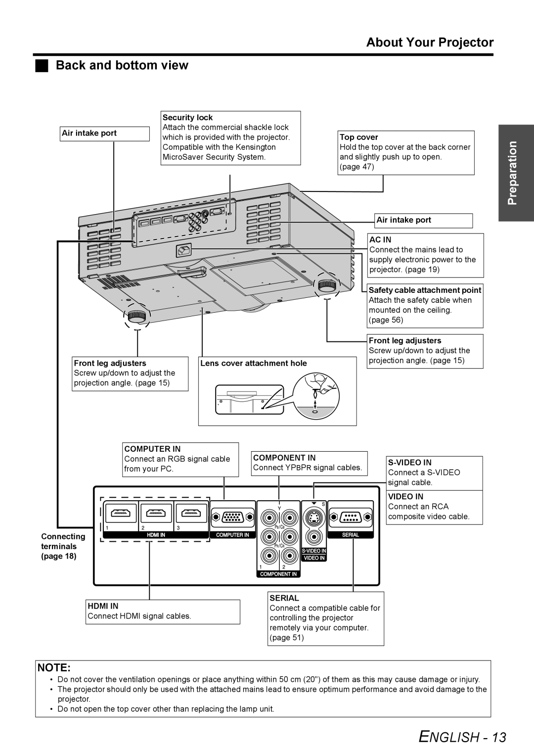 Panasonic PT-AE3000E manual About Your Projector Back and bottom view, English, Preparation, Screw up/down to adjust the 