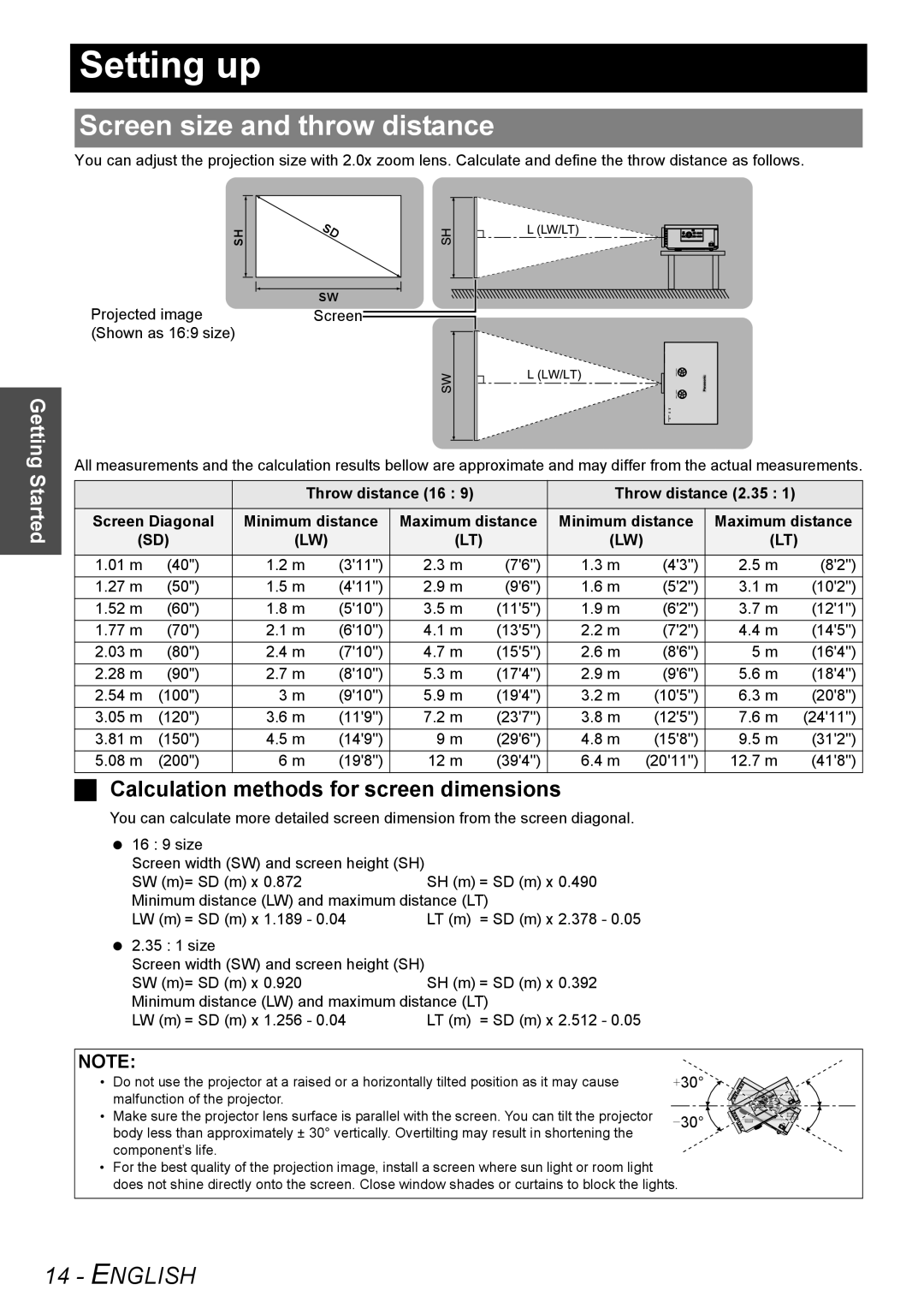 Panasonic PT-AE3000E manual Setting up, Screen size and throw distance, English, Calculation methods for screen dimensions 