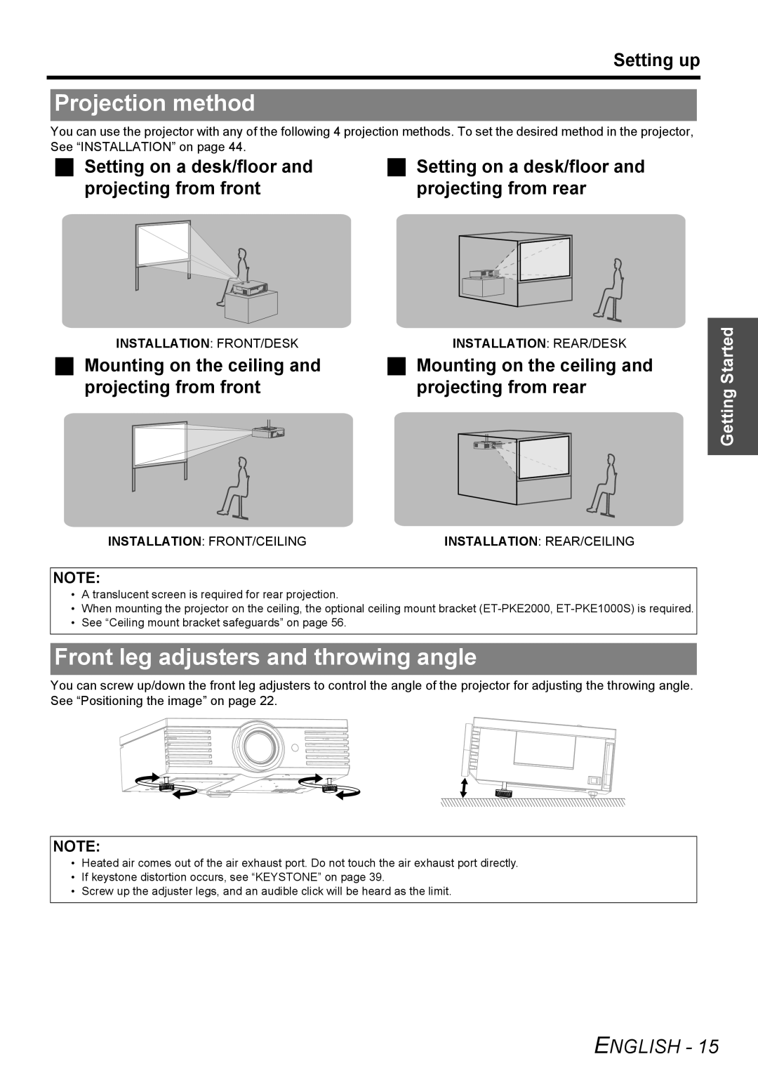Panasonic PT-AE3000E manual Projection method, Front leg adjusters and throwing angle, Setting up, English, Getting Started 