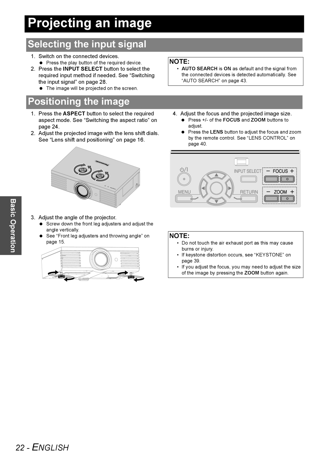 Panasonic PT-AE3000E Projecting an image, Selecting the input signal, Positioning the image, English, Basic Operation 