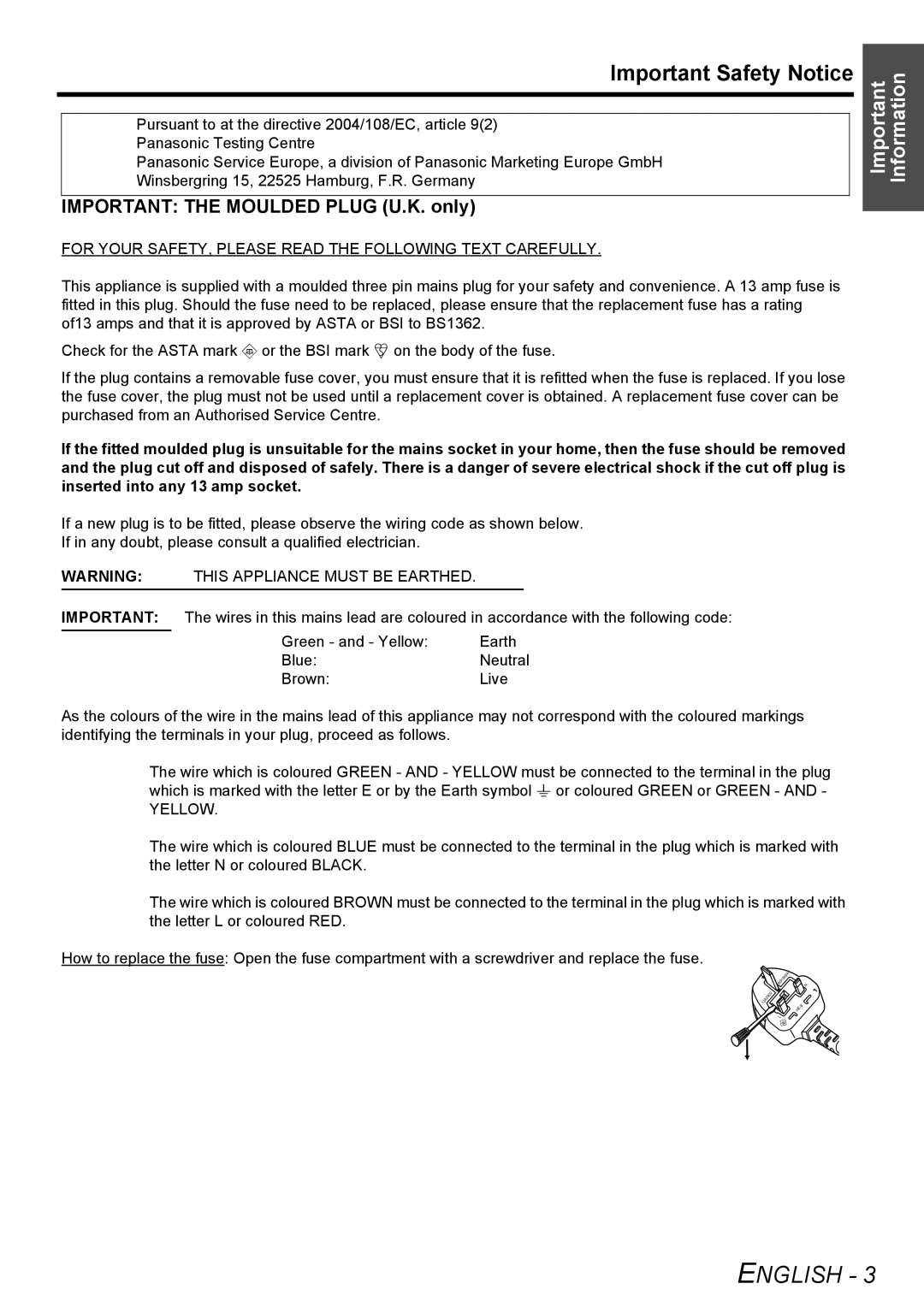 Panasonic PT-AE3000E manual English, Important Safety Notice, Important Information 