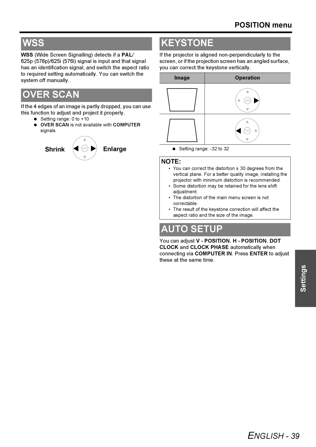 Panasonic PT-AE3000E manual Over Scan, Keystone, Auto Setup, POSITION menu, English, Settings 