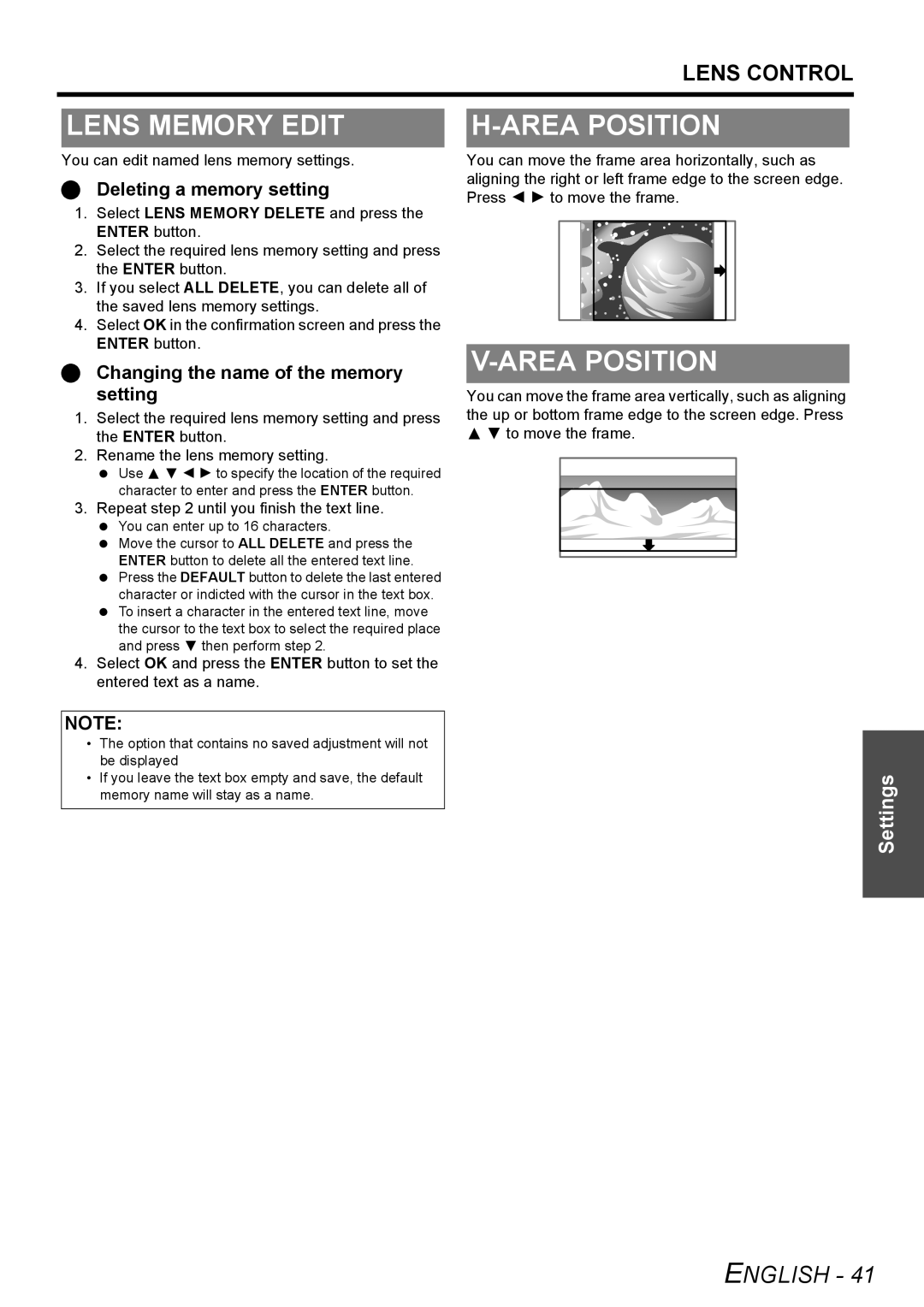 Panasonic PT-AE3000E manual Lens Memory Edit, English, Settings, Lens Control, H-Area Position, V-Area Position 