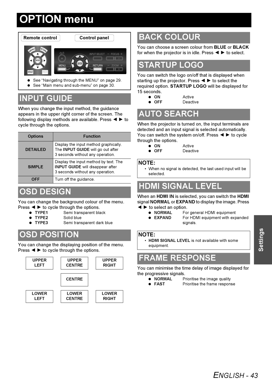 Panasonic PT-AE3000E manual OPTION menu, Input Guide, Osd Design, Back Colour, Startup Logo, Auto Search, Hdmi Signal Level 