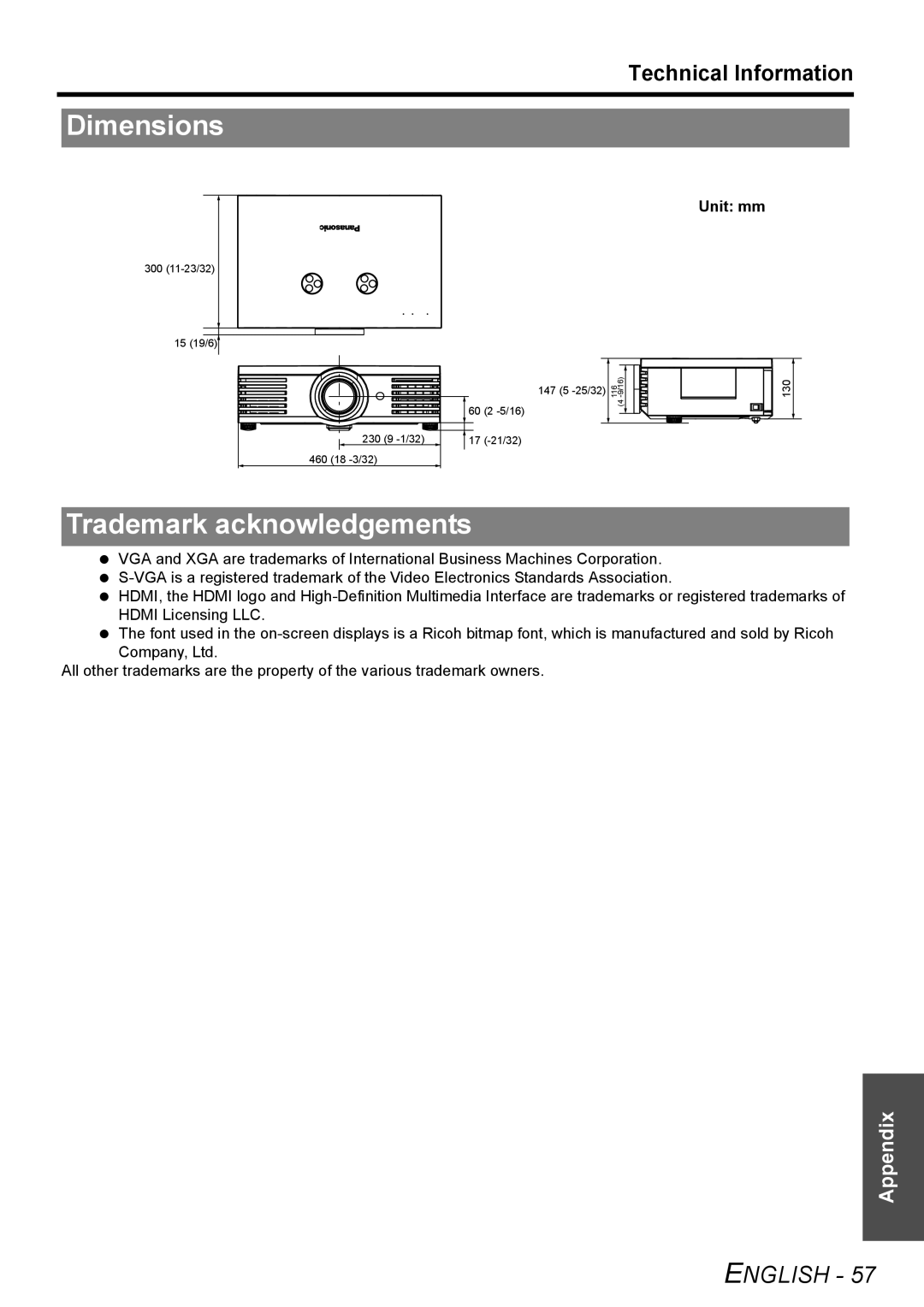 Panasonic PT-AE3000E manual Dimensions, Trademark acknowledgements, English, Technical Information, Appendix 