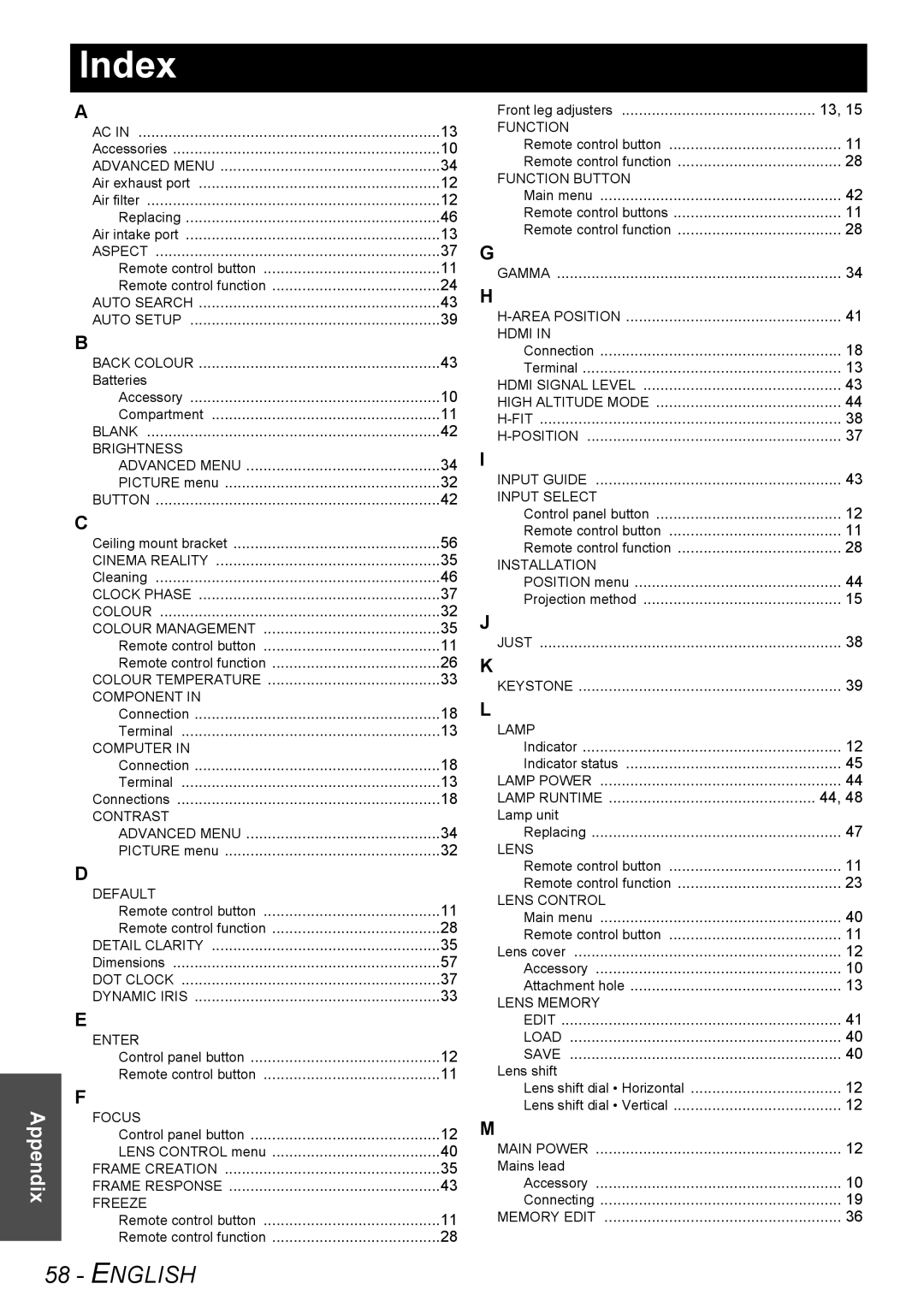 Panasonic PT-AE3000E manual Index, English, Appendix 