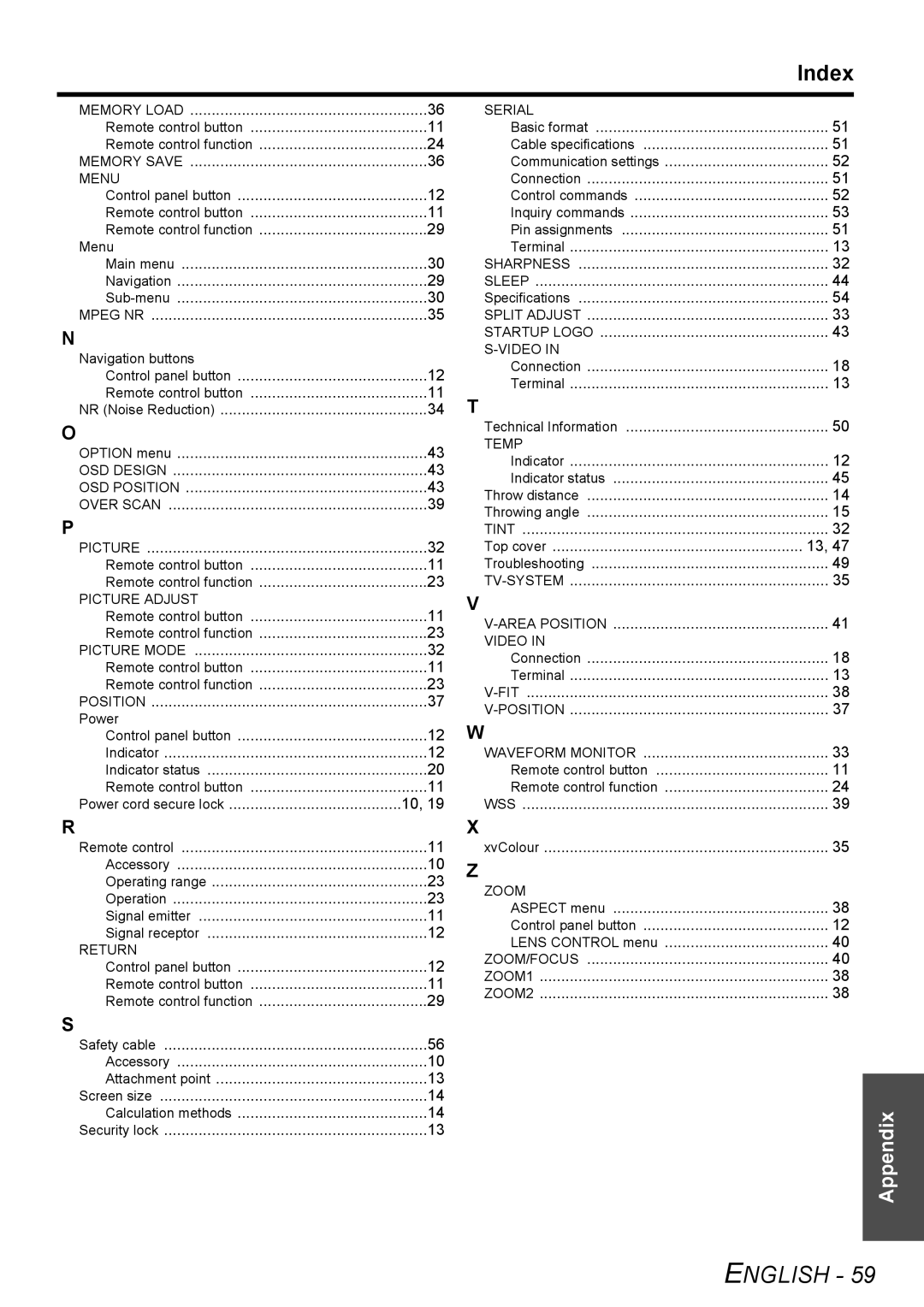 Panasonic PT-AE3000E manual Index, English, Appendix 