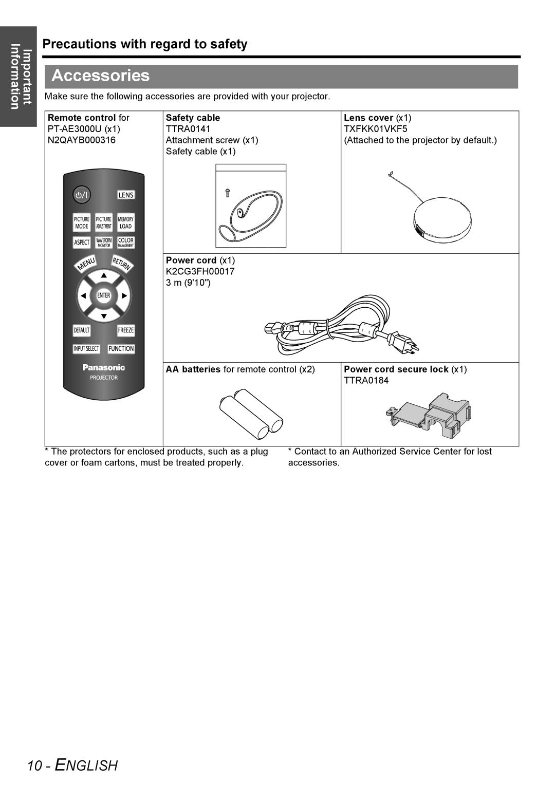 Panasonic PT-AE3000U manual Accessories, Remote control for Safety cable Lens cover, Power cord secure lock 