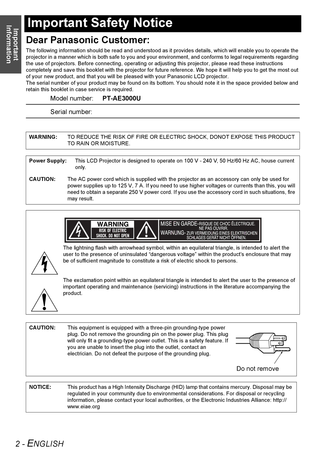 Panasonic PT-AE3000U manual Important Safety Notice, Dear Panasonic Customer 