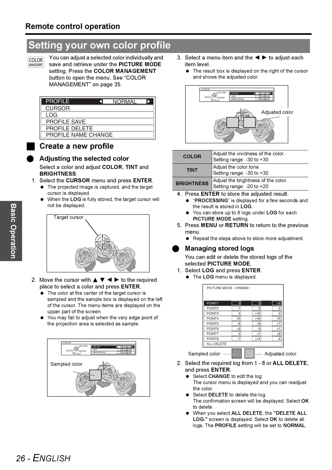 Panasonic PT-AE3000U manual Setting your own color profile, Create a new profile, Adjusting the selected color, Brightness 