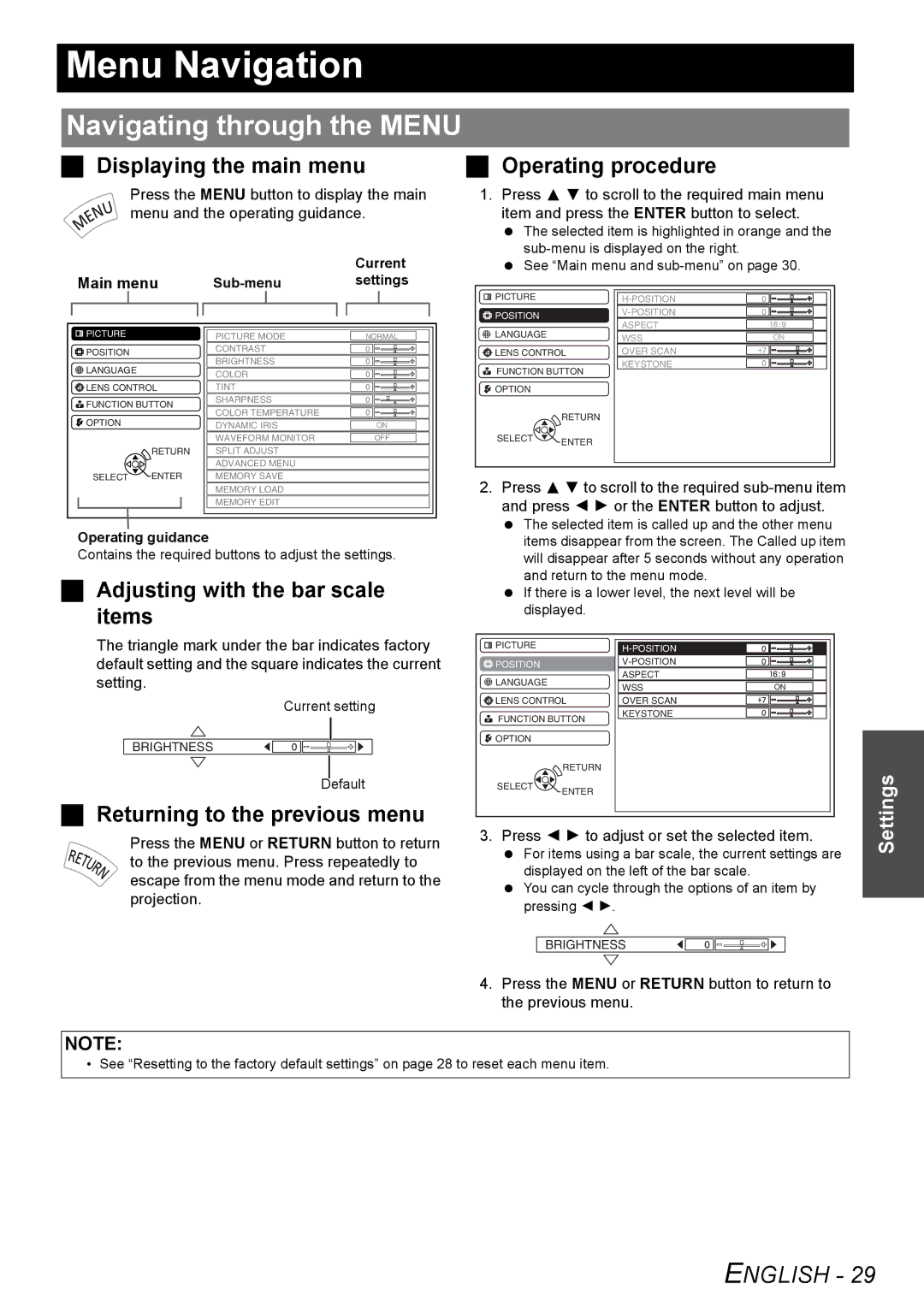 Panasonic PT-AE3000U manual Menu Navigation, Navigating through the Menu, Displaying the main menu 