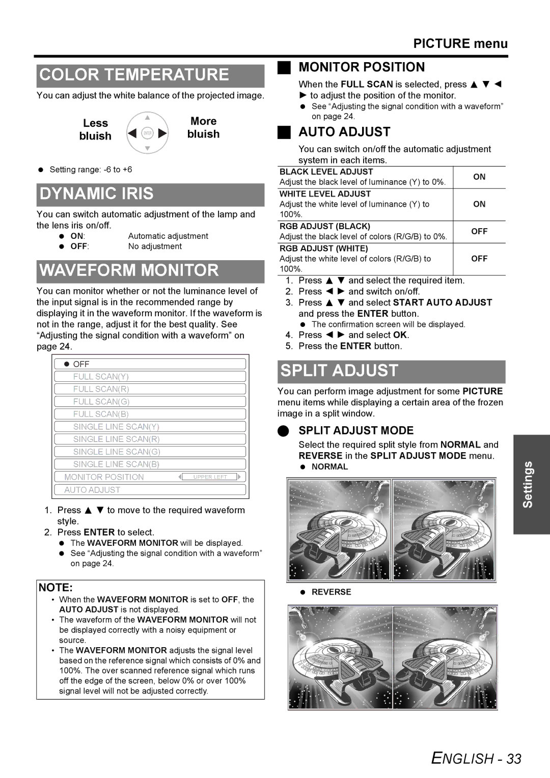 Panasonic PT-AE3000U manual Color Temperature, Dynamic Iris, Waveform Monitor, Split Adjust, Picture menu 