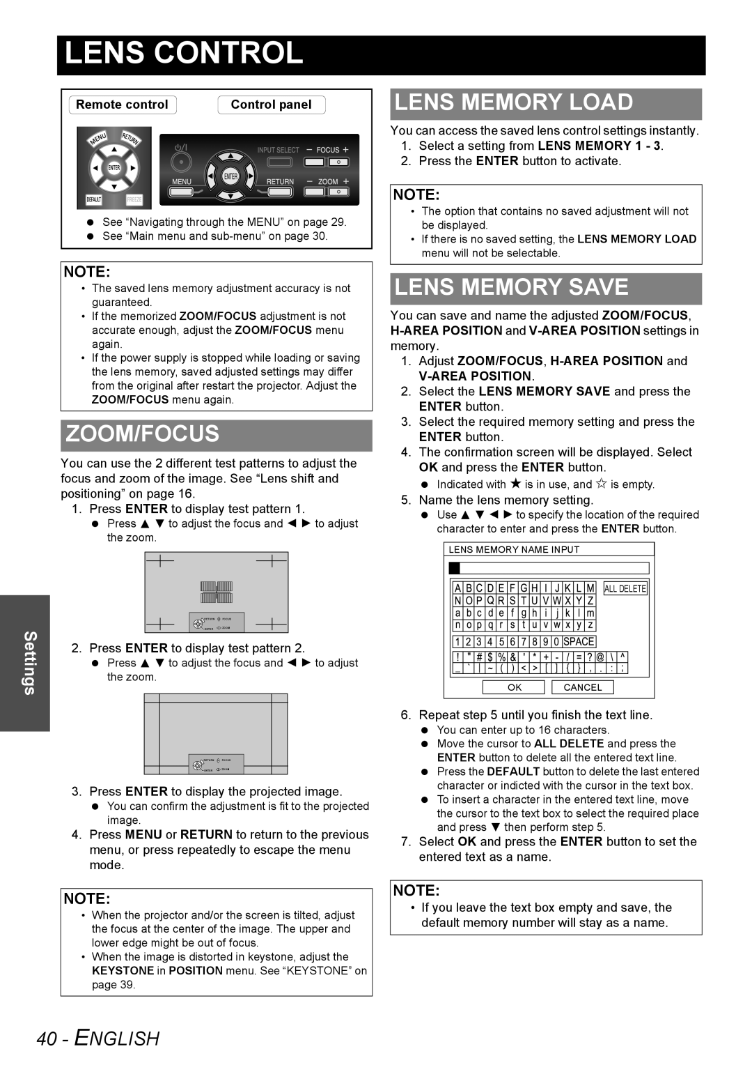 Panasonic PT-AE3000U Zoom/Focus, Lens Memory Load, Lens Memory Save, Adjust ZOOM/FOCUS, H-AREA Position, Area Position 