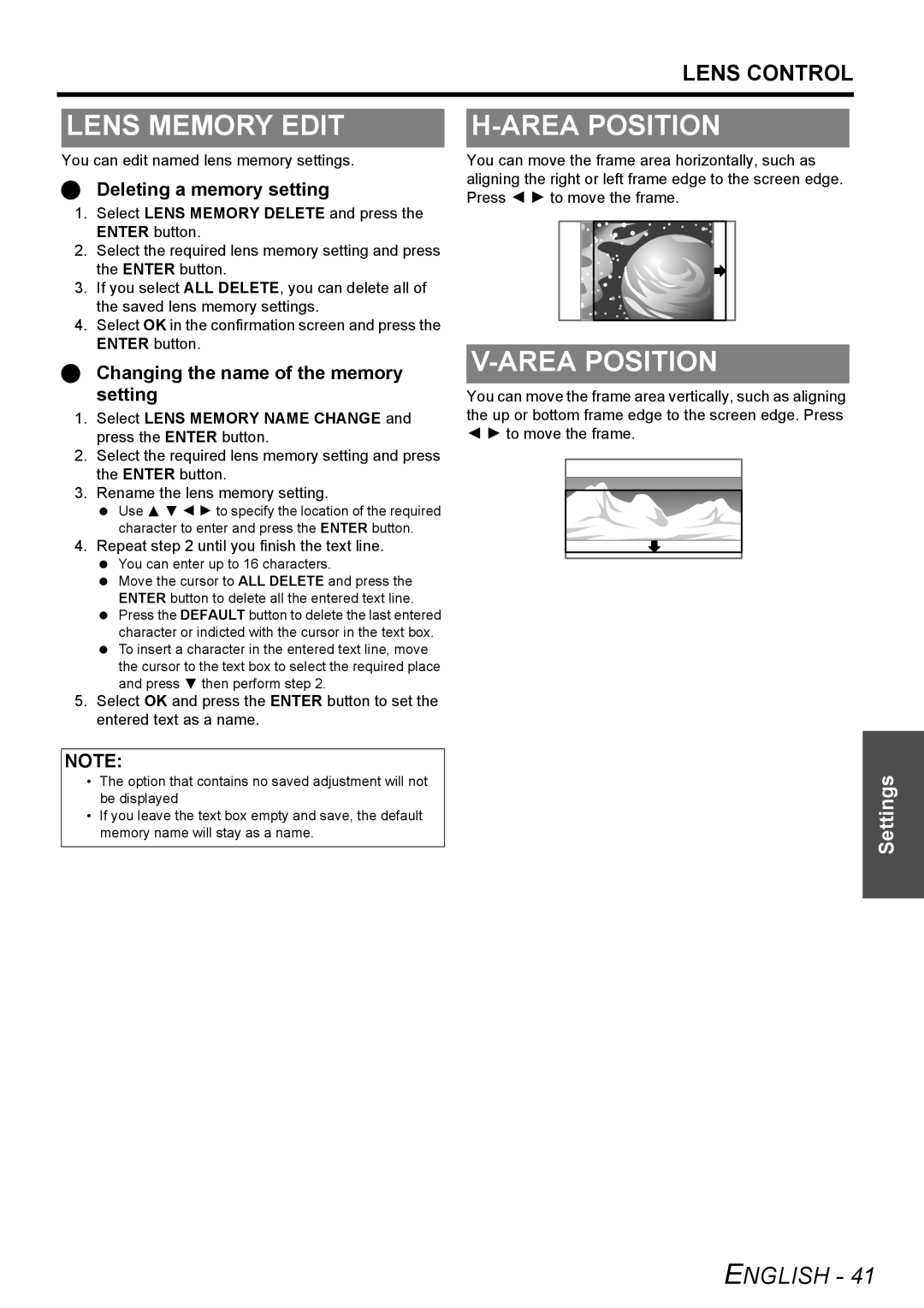 Panasonic PT-AE3000U manual Lens Memory Edit, Area Position, You can edit named lens memory settings 