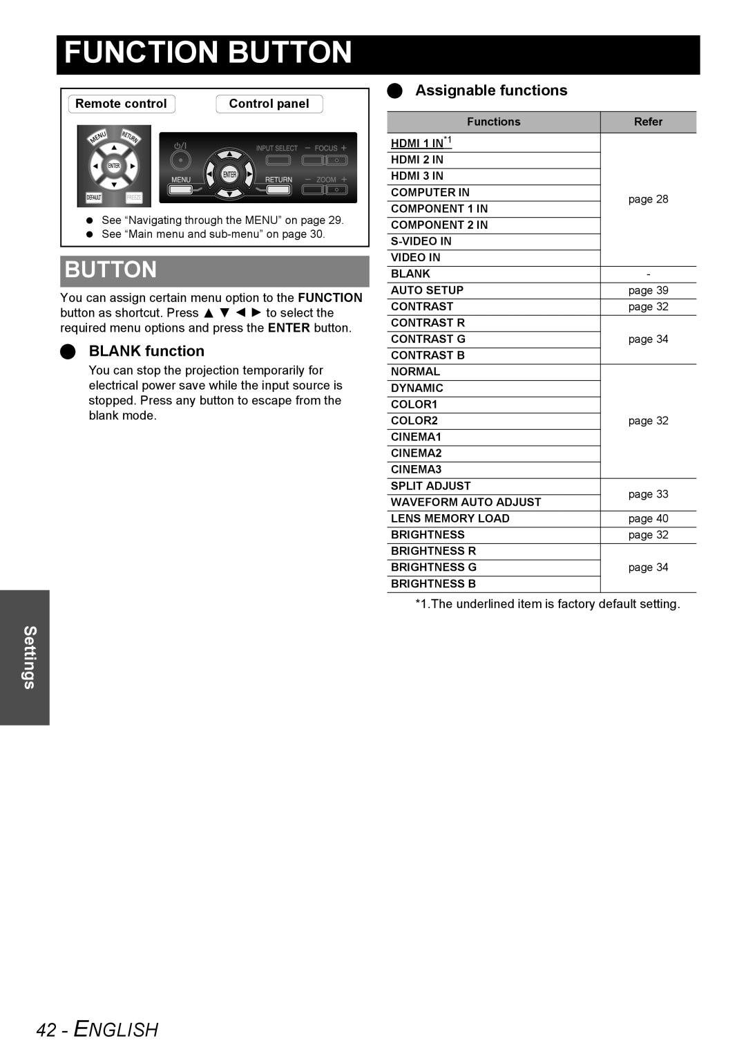 Panasonic PT-AE3000U manual Button, Blank function, Assignable functions, Underlined item is factory default setting 