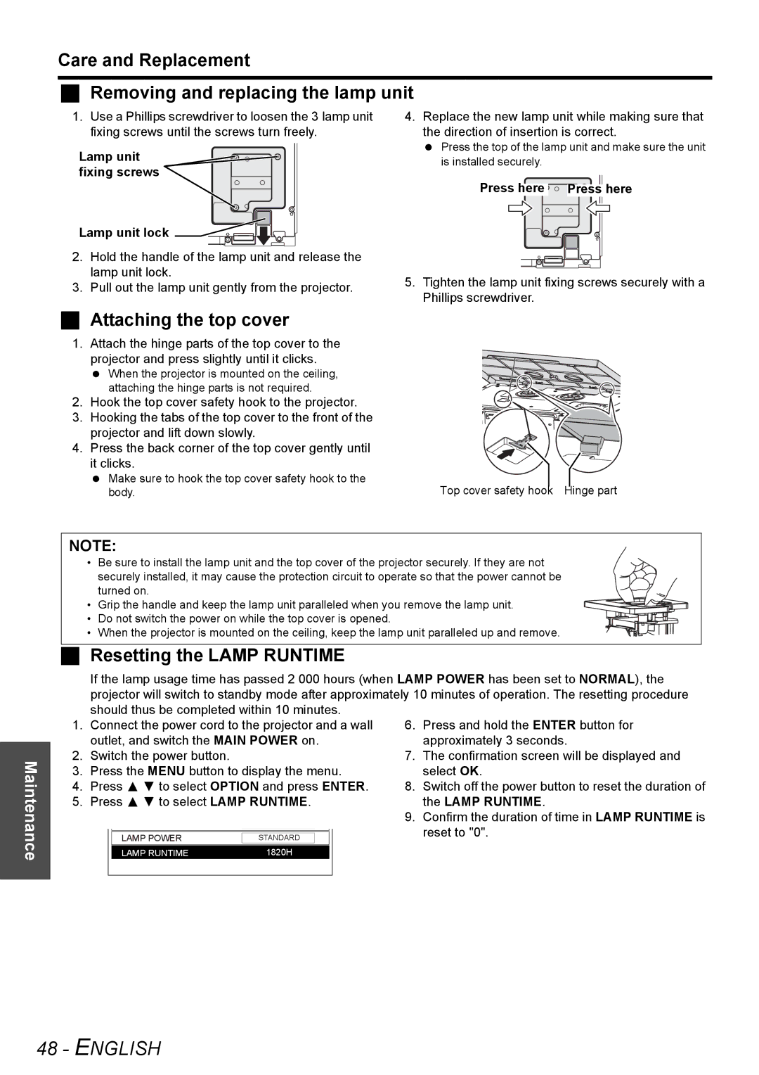 Panasonic PT-AE3000U manual Care and Replacement Removing and replacing the lamp unit, Attaching the top cover 