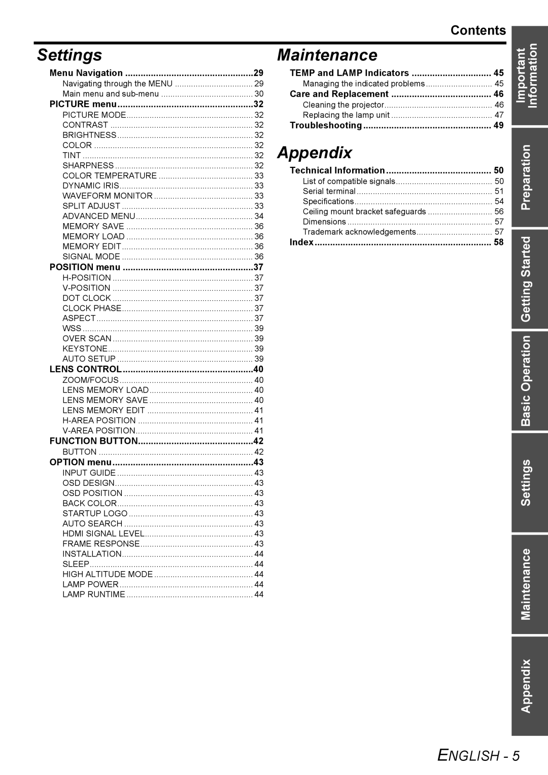 Panasonic PT-AE3000U manual Contents, Menu Navigation, Picture menu, Lens Control, Function Button 