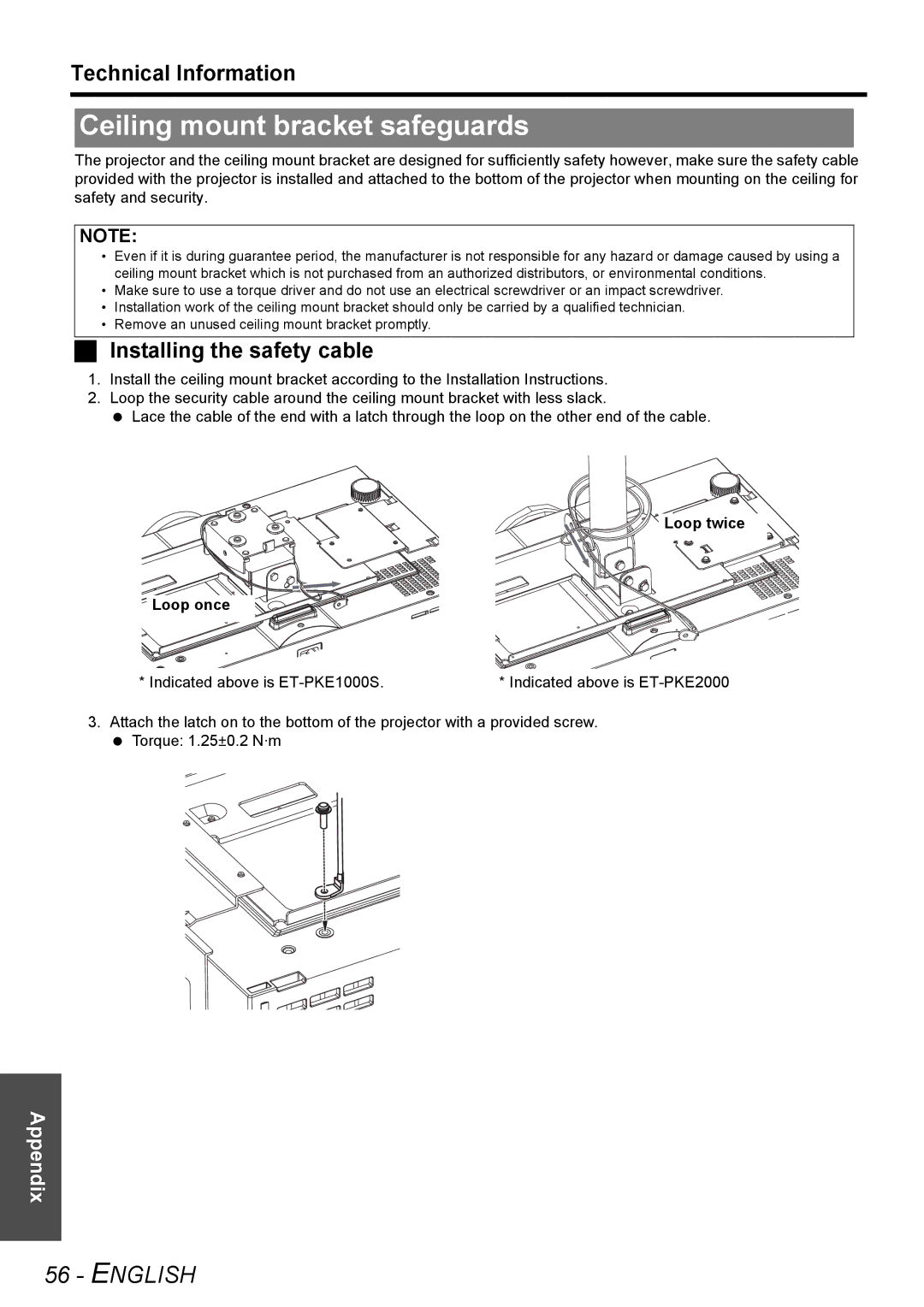 Panasonic PT-AE3000U manual Ceiling mount bracket safeguards, Installing the safety cable, Loop twice Loop once 