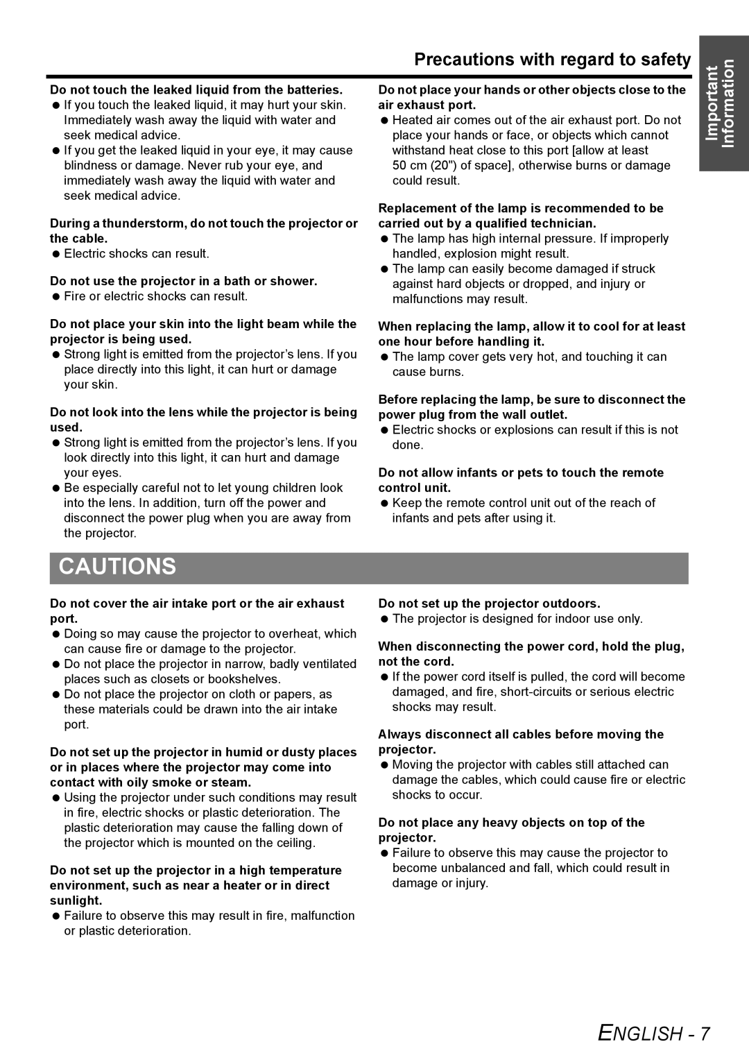 Panasonic PT-AE3000U manual Precautions with regard to safety, Do not look into the lens while the projector is being used 