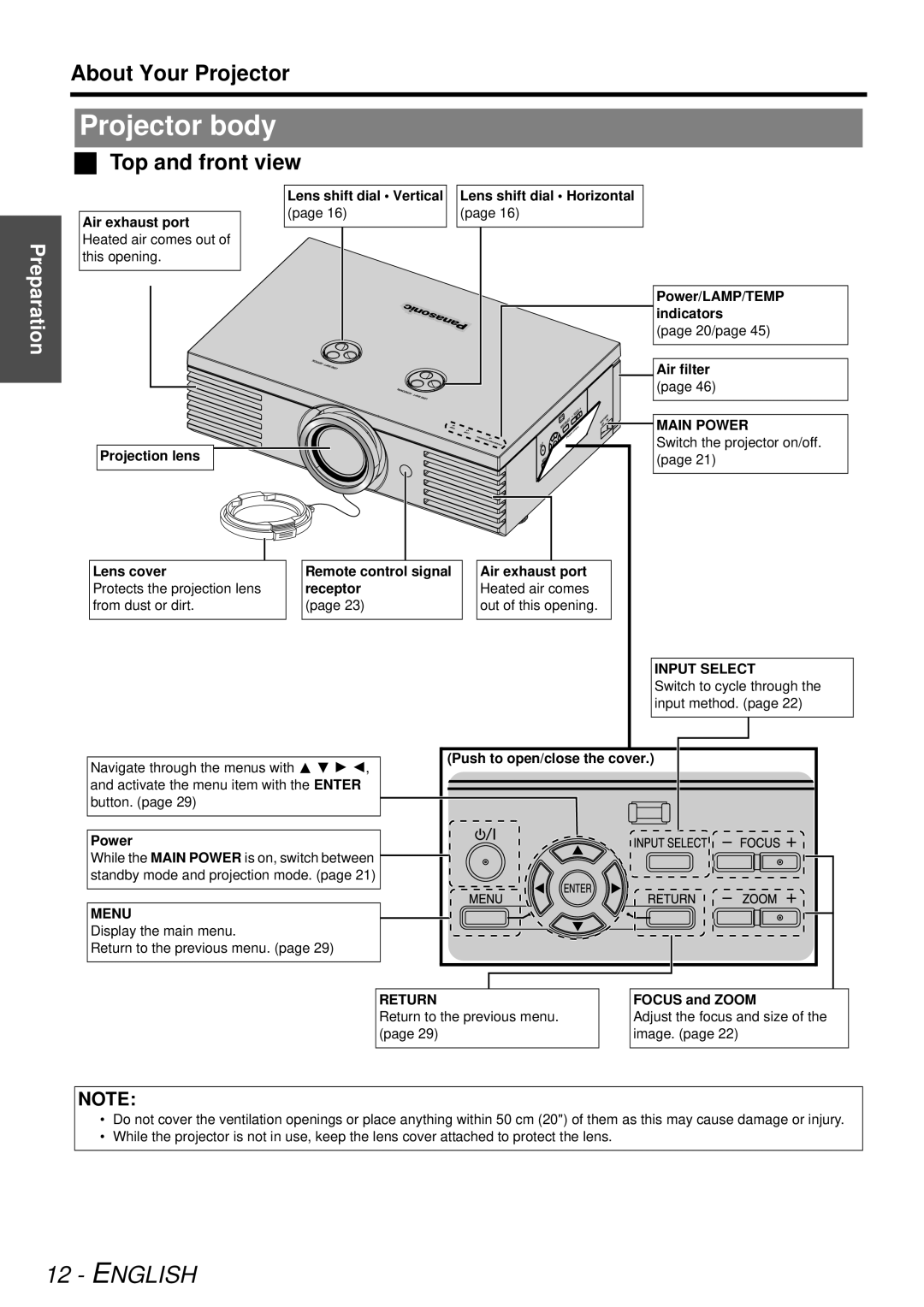 Panasonic PT-AE3000U manual Projector body, About Your Projector, Top and front view 