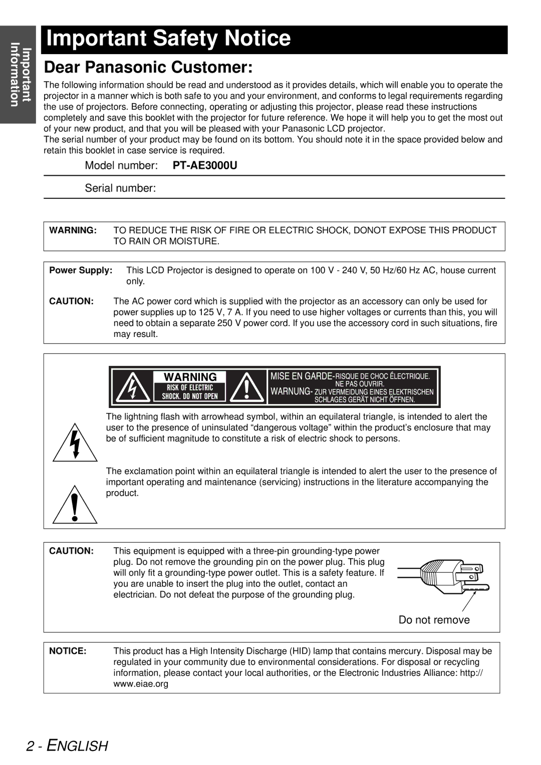 Panasonic PT-AE3000U manual Important Safety Notice, Dear Panasonic Customer 