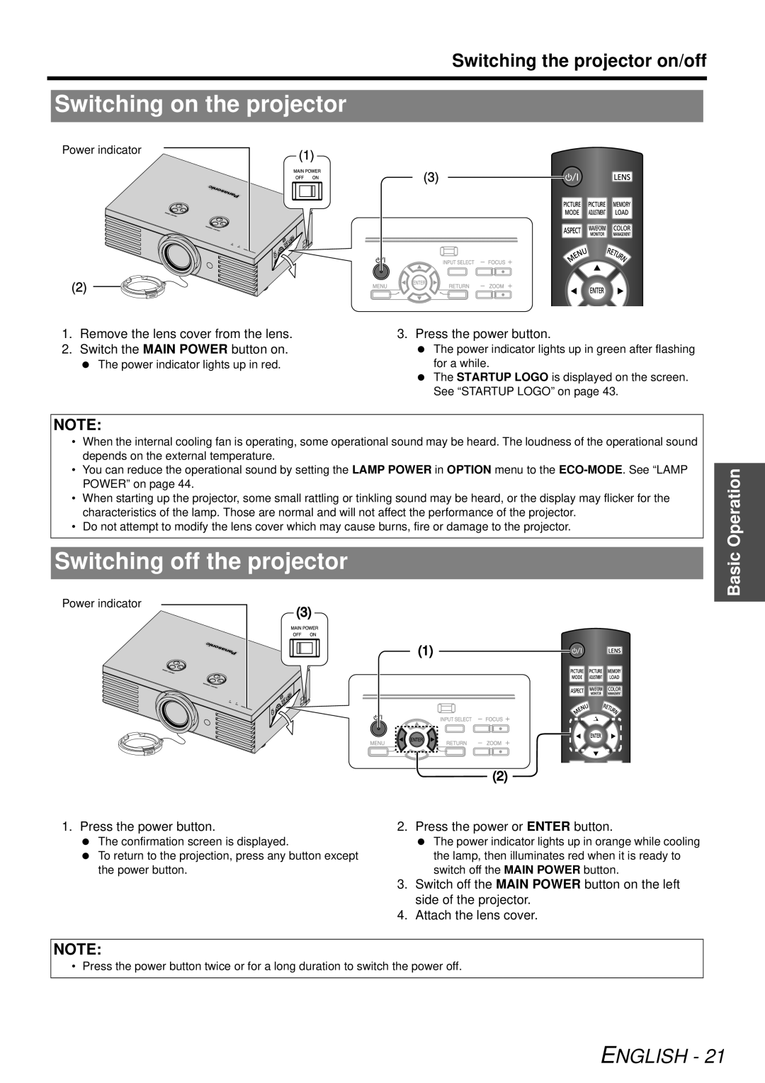 Panasonic PT-AE3000U manual Switching on the projector, Switching off the projector, Press the power or Enter button 