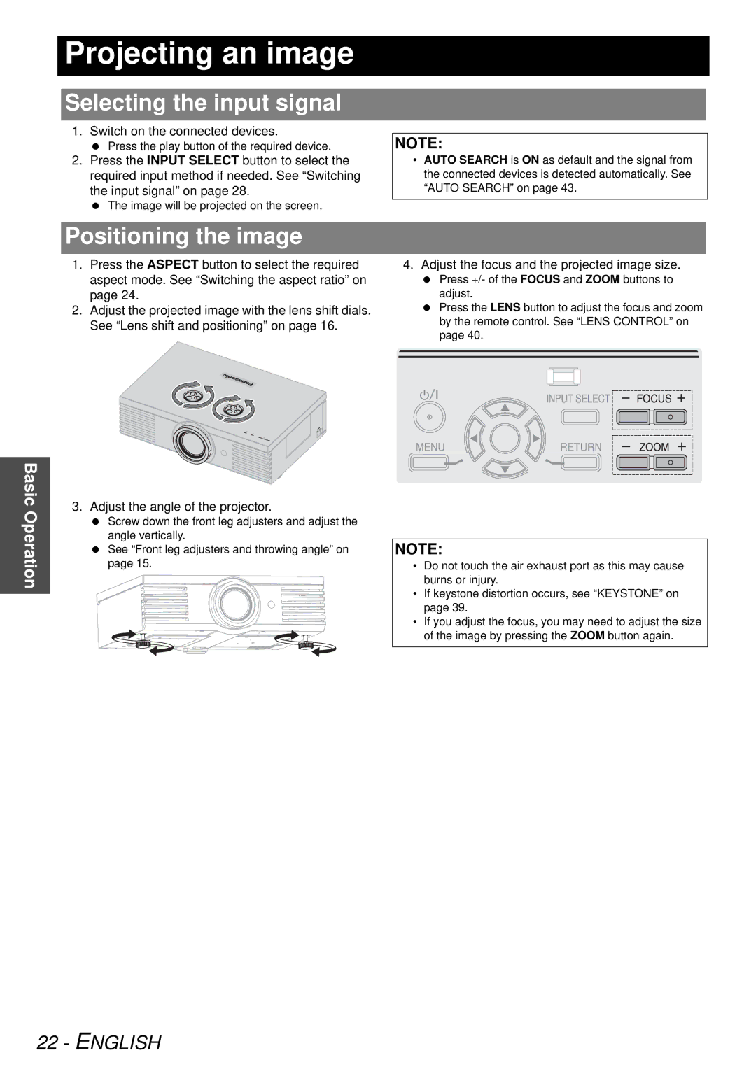 Panasonic PT-AE3000U manual Projecting an image, Selecting the input signal, Positioning the image 