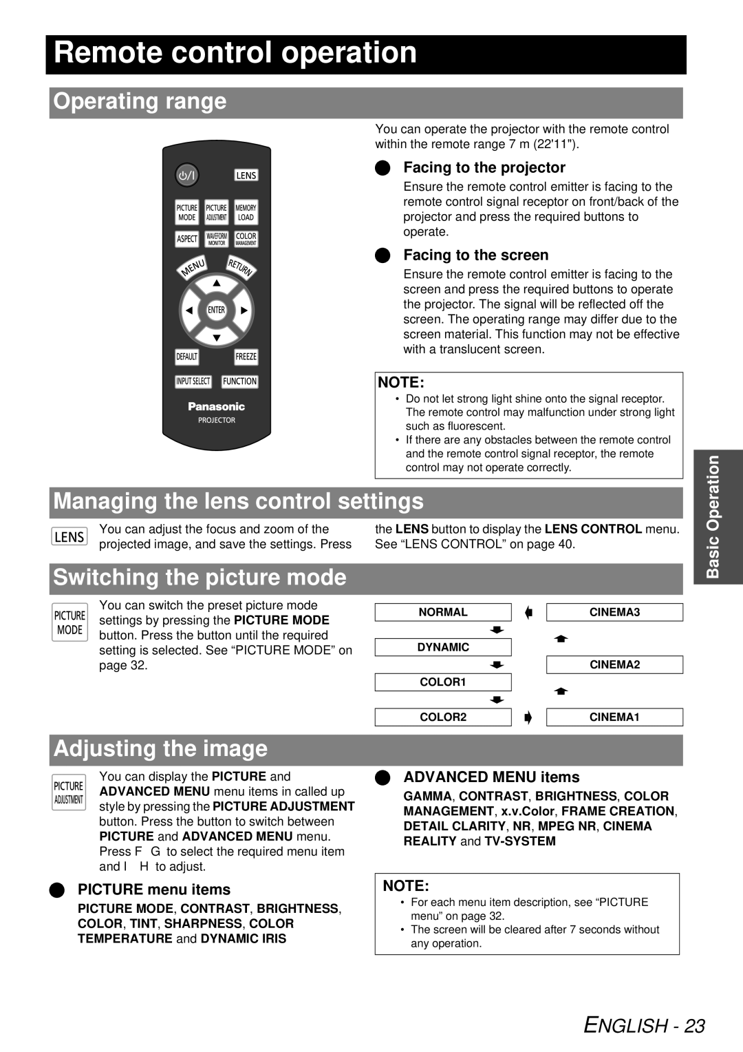 Panasonic PT-AE3000U Remote control operation, Operating range, Managing the lens control settings, Adjusting the image 