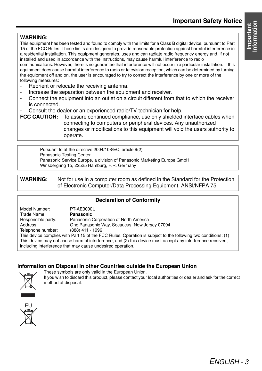 Panasonic manual Important Safety Notice, Declaration of Conformity, Model Number PT-AE3000U Trade Name, Panasonic 