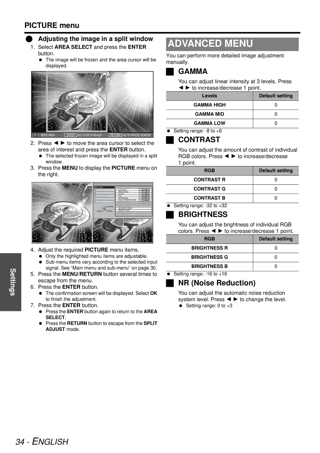 Panasonic PT-AE3000U manual NR Noise Reduction, Adjusting the image in a split window 