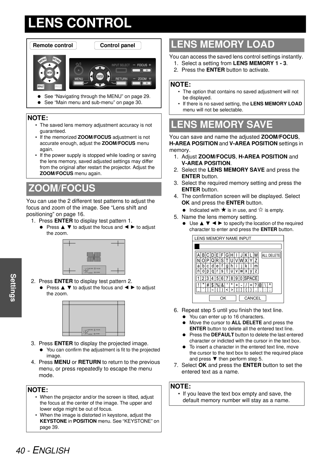 Panasonic PT-AE3000U Zoom/Focus, Lens Memory Load, Lens Memory Save, Adjust ZOOM/FOCUS, H-AREA Position, Area Position 